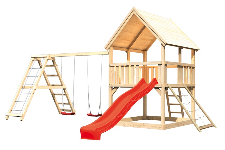 Akubi Kinderspielturm Luis mit Doppelschaukelklettergerüst, Netzrampe und Wellenrutsche