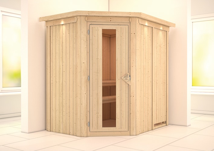 Karibu Sauna Carin mit Eckeinstieg 68 mm inkl. gratis Saunaofen im Wert von 599,99 €