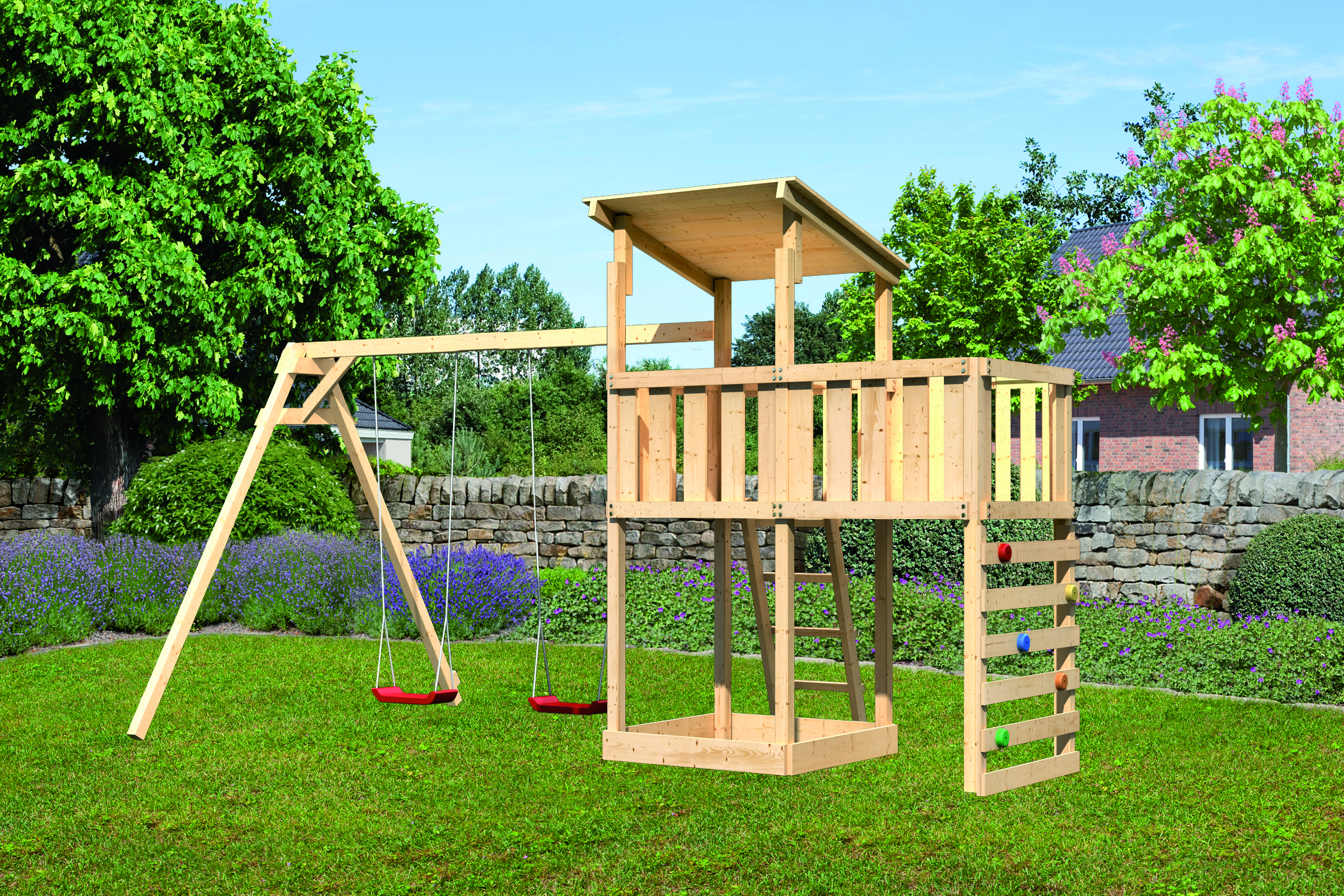 Akubi Kinderspielturm Anna mit Pultdach inkl. Doppelschaukel, Anbauplattform und Kletterwand