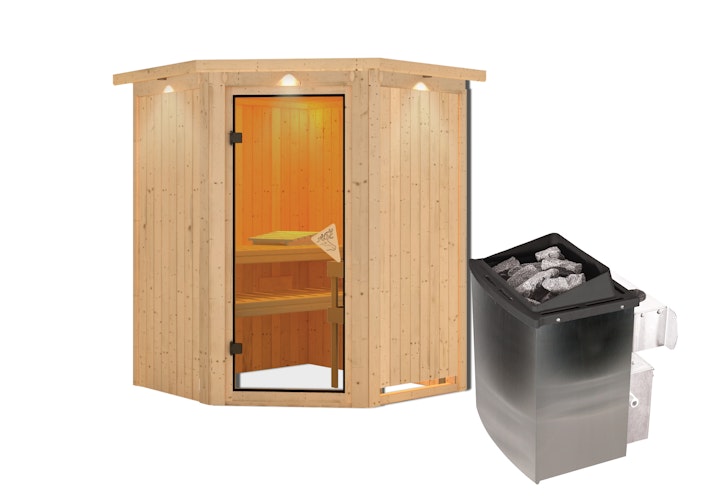 Karibu Sauna Larin mit Eckeinstieg 68 mm inkl. gratis Saunaofen im Wert von 599,99 €
