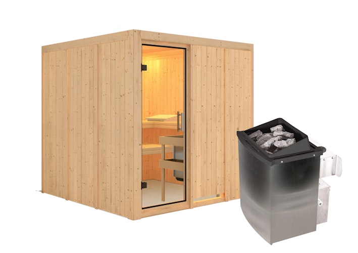 Karibu Sauna Rodin mit Fronteinstieg 68 mm inkl. gratis Saunaofen im Wert von 599,99 €