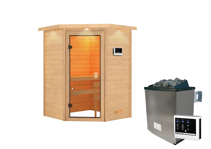 Karibu Woodfeeling Sauna Antonia - 38 mm Massivholz Aktionssauna inkl. gratis Saunaofen im Wert von 599,99 €