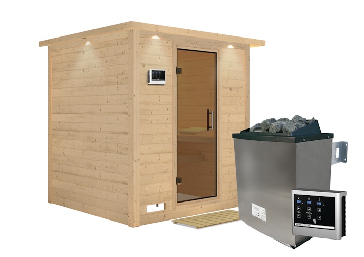Karibu Sauna Mojave - Massivholzsauna mit Fronteinstieg 38 mm inkl. gratis Saunaofen im Wert von 599,99 €
