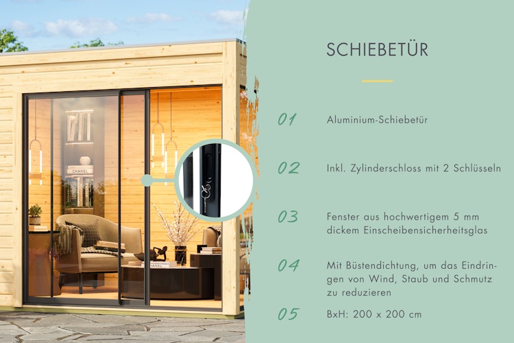 Karibu Design Gartenhaus Dice 5 mit 2 Aluminium Schiebetüren - 38 mm (Homeoffice-Gartenhaus)