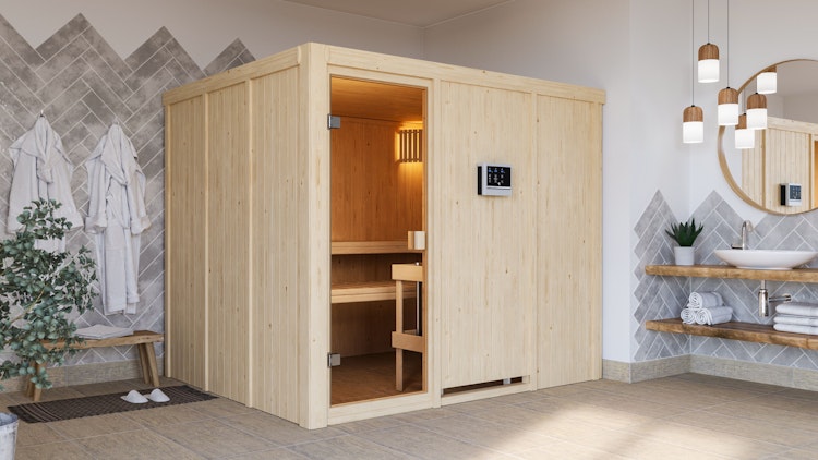 Karibu Woodfeeling Sauna Nybro - 68 mm Aktionssauna inkl. gratis Saunaofen im Wert von 599,99 €