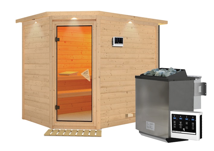 Karibu Sauna Tanami - Massivholzsauna mit Eckeinstieg 38 mm inkl. gratis Saunaofen im Wert von 599,99 €