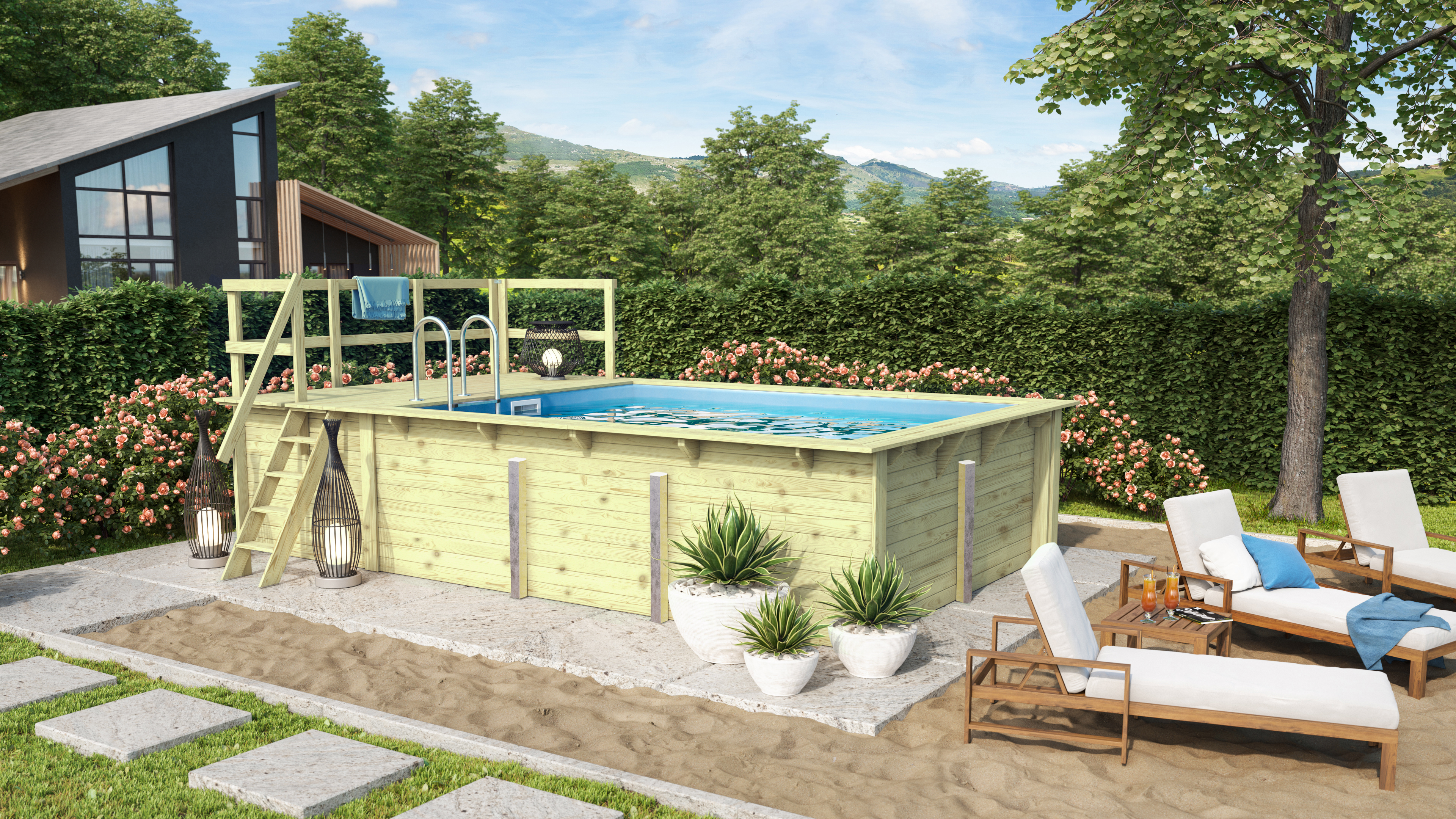 Karibu Rechteck Pool Gr. 2 - 350 x 440 cm - kesseldruckimprägniert Sparset mit Filteranlage 