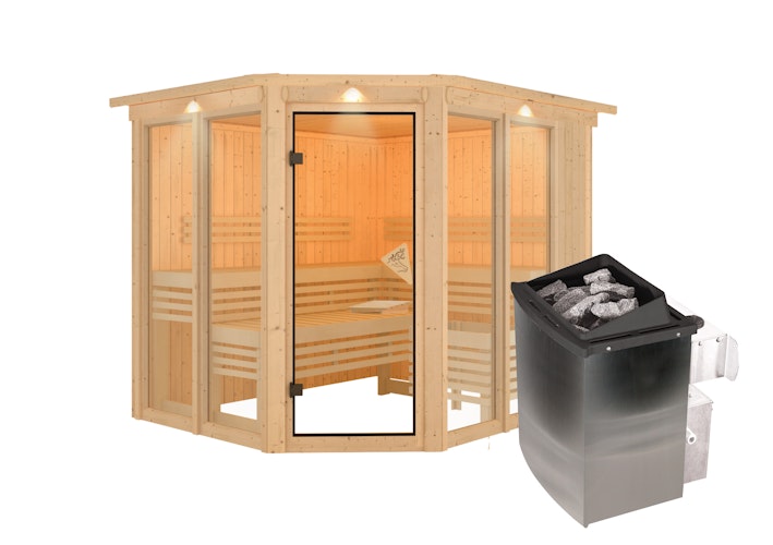 Karibu Sauna Ainur 3 Superior mit Eckeinstieg 68 mm inkl. gratis Saunaofen im Wert von 599,99 €