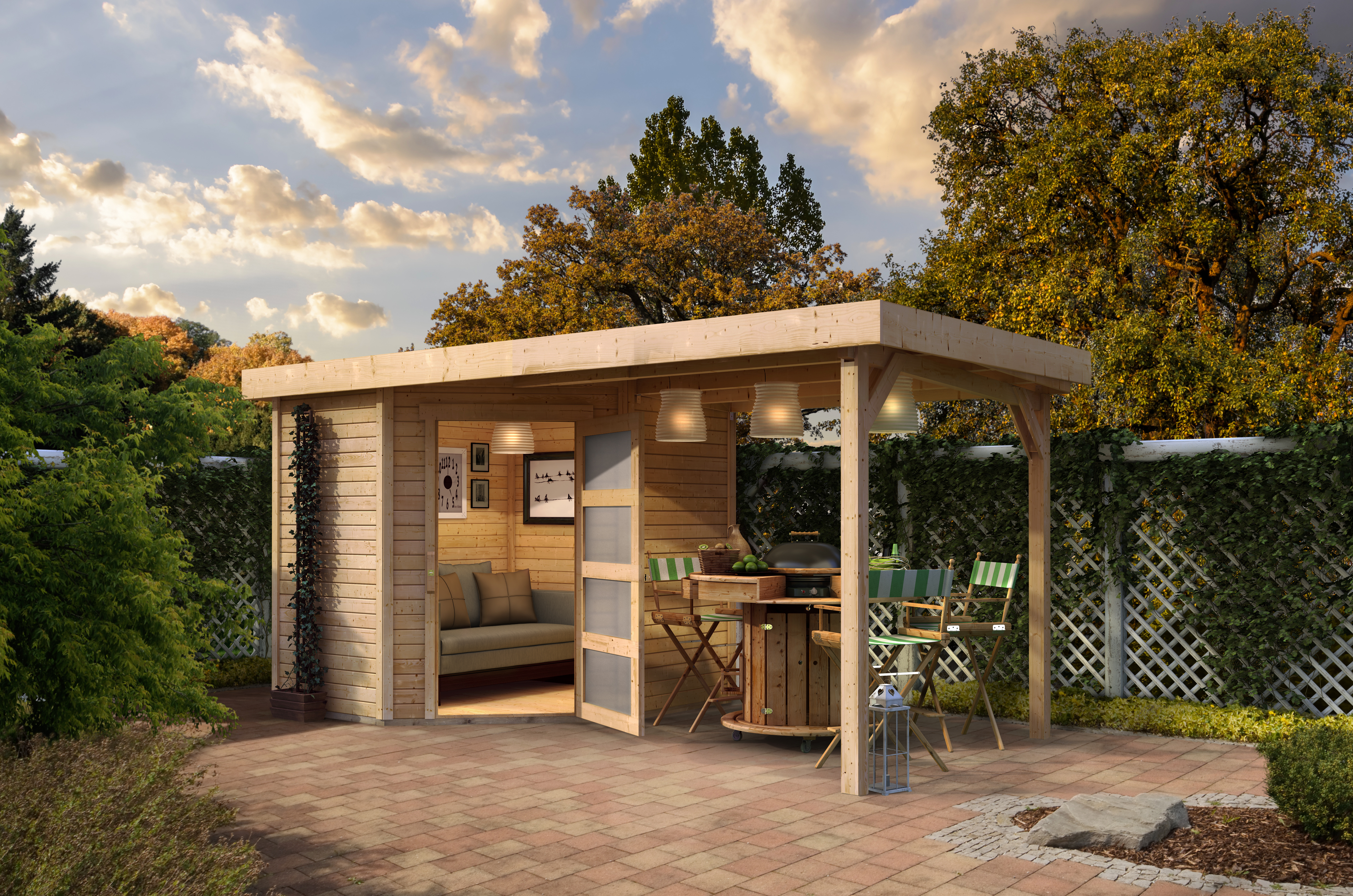 Karibu Woodfeeling Gartenhaus Schwandorf 3/5 inkl. 275 cm Schleppdach - 19 mm inkl. gratis LED-Strahler/Solarpaneel