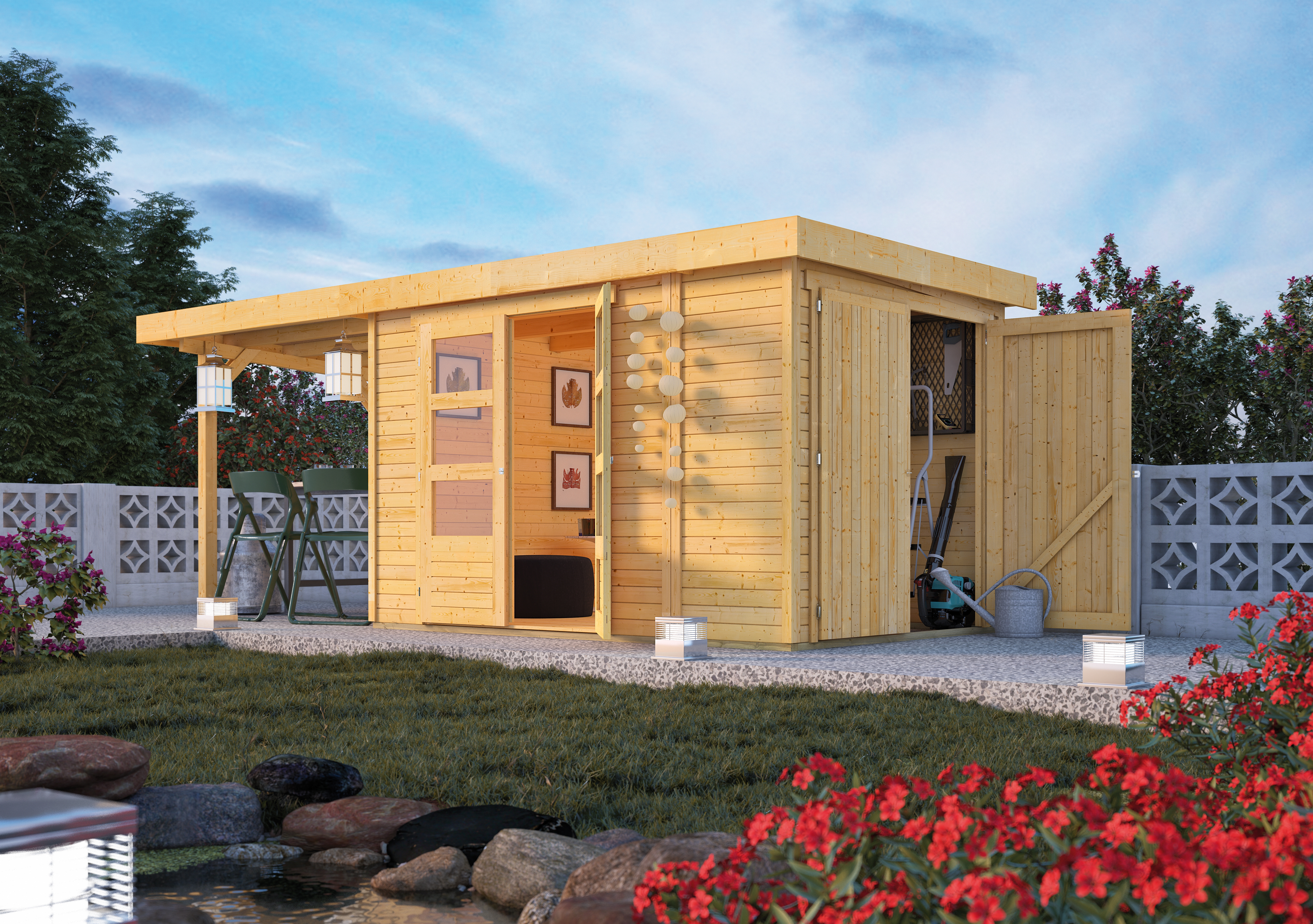 Karibu Woodfeeling Gartenhaus Retola 2/3/4/5/6 inkl. Anbauschrank u. 240 cm Schleppdach