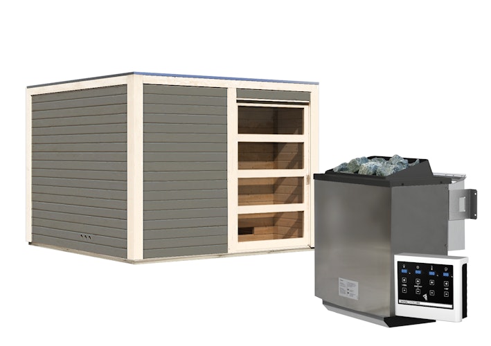 Karibu Gartensauna Saunahaus Cuben inkl. Vorraum, terragrau inkl. gratis Saunaofen im Wert von 599,99 €