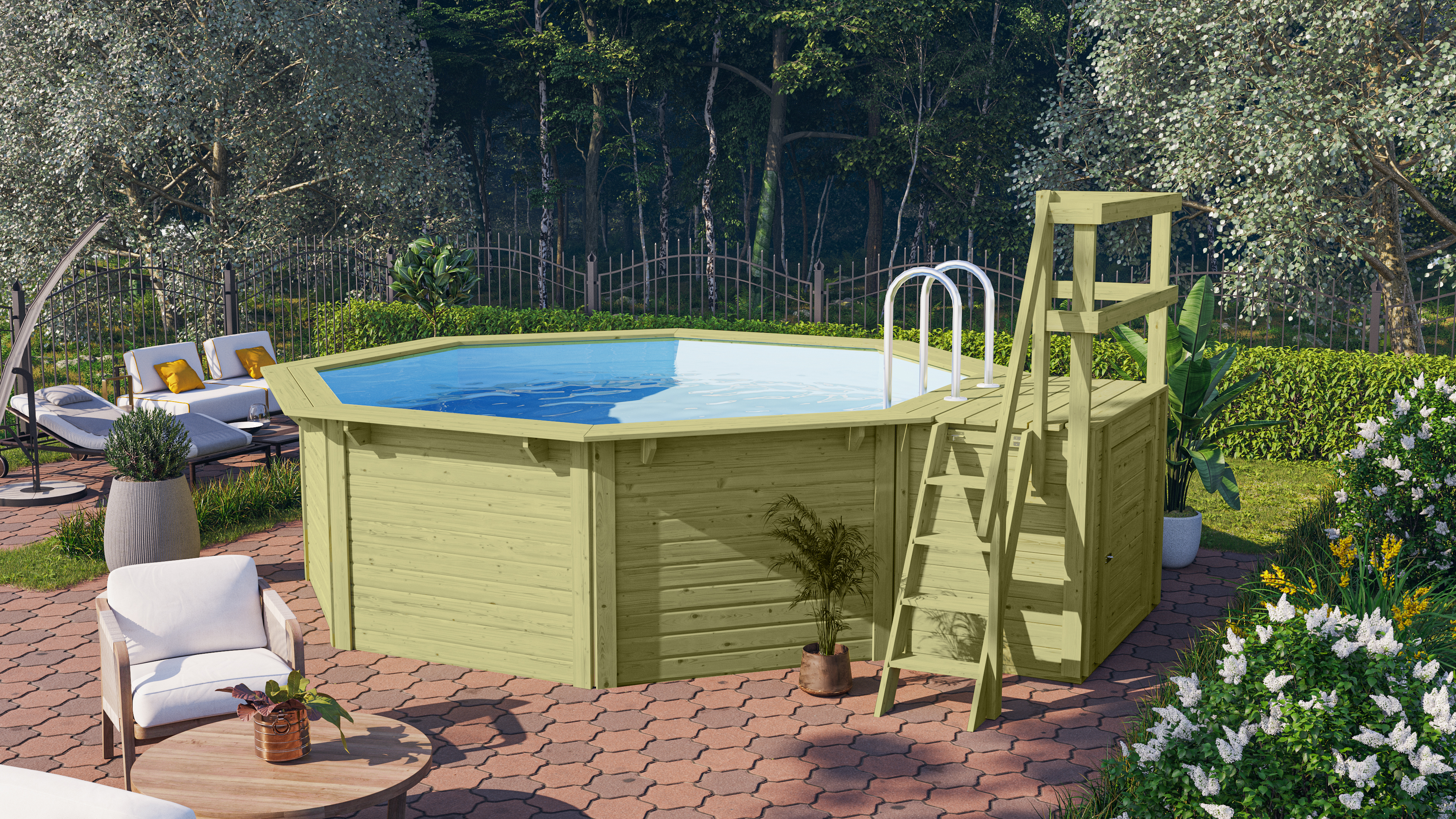 Karibu Pool Modell X1 400 x 400 cm mit Terrasse - kesseldruckimprägniert mit Metallecken