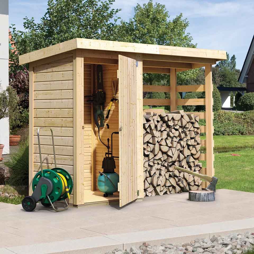 Karibu Gerätehaus Lohmi mit Feuerholz-Anbau - 14 mm inkl. gratis Expressversand