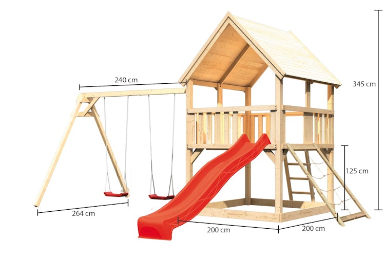 Akubi Kinderspielturm Luis mit Doppelschaukel, Netzrampe und Wellenrutsche