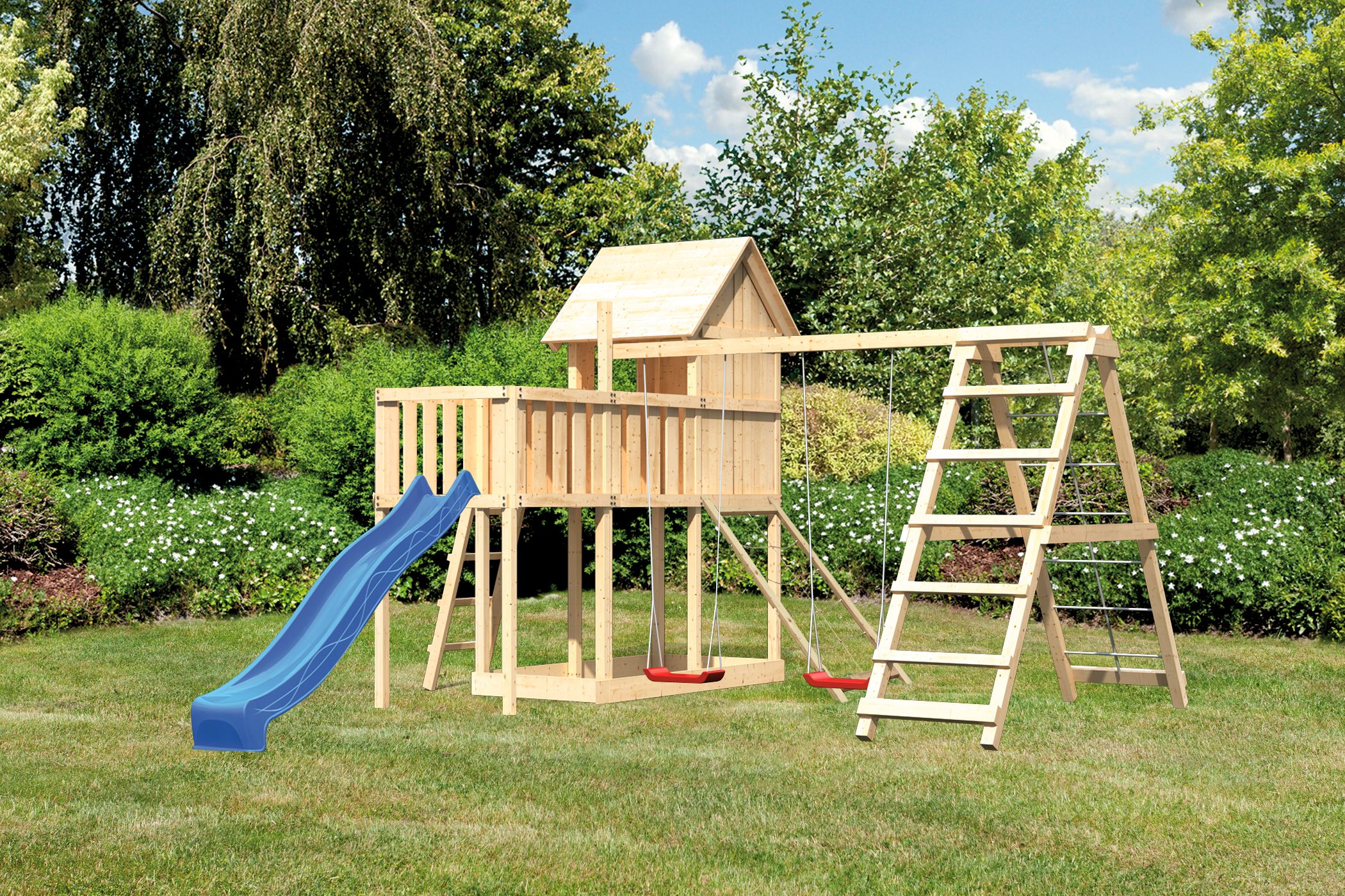 Akubi Stelzenhaus Frieda mit Wellenrutsche, Doppelschaukelanbau, Klettergerüst, Anbauplattform und Netzrampe inkl. gratis Akubi Farbsystem