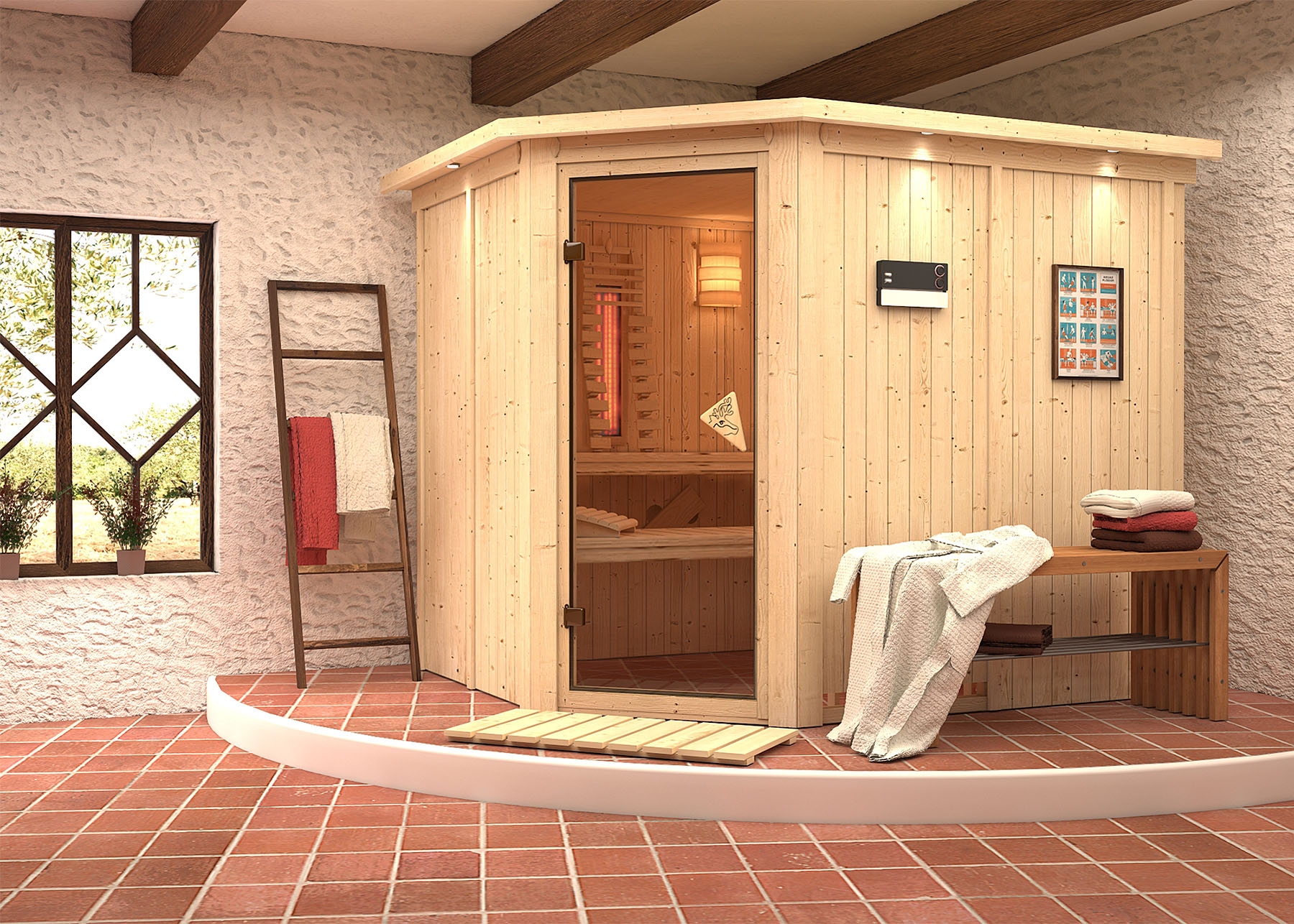 Karibu Sauna Malin mit Eckeinstieg 68 mm