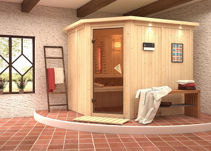 Karibu Sauna Malin mit Eckeinstieg 68 mm inkl. gratis Saunaofen im Wert von 599,99 €