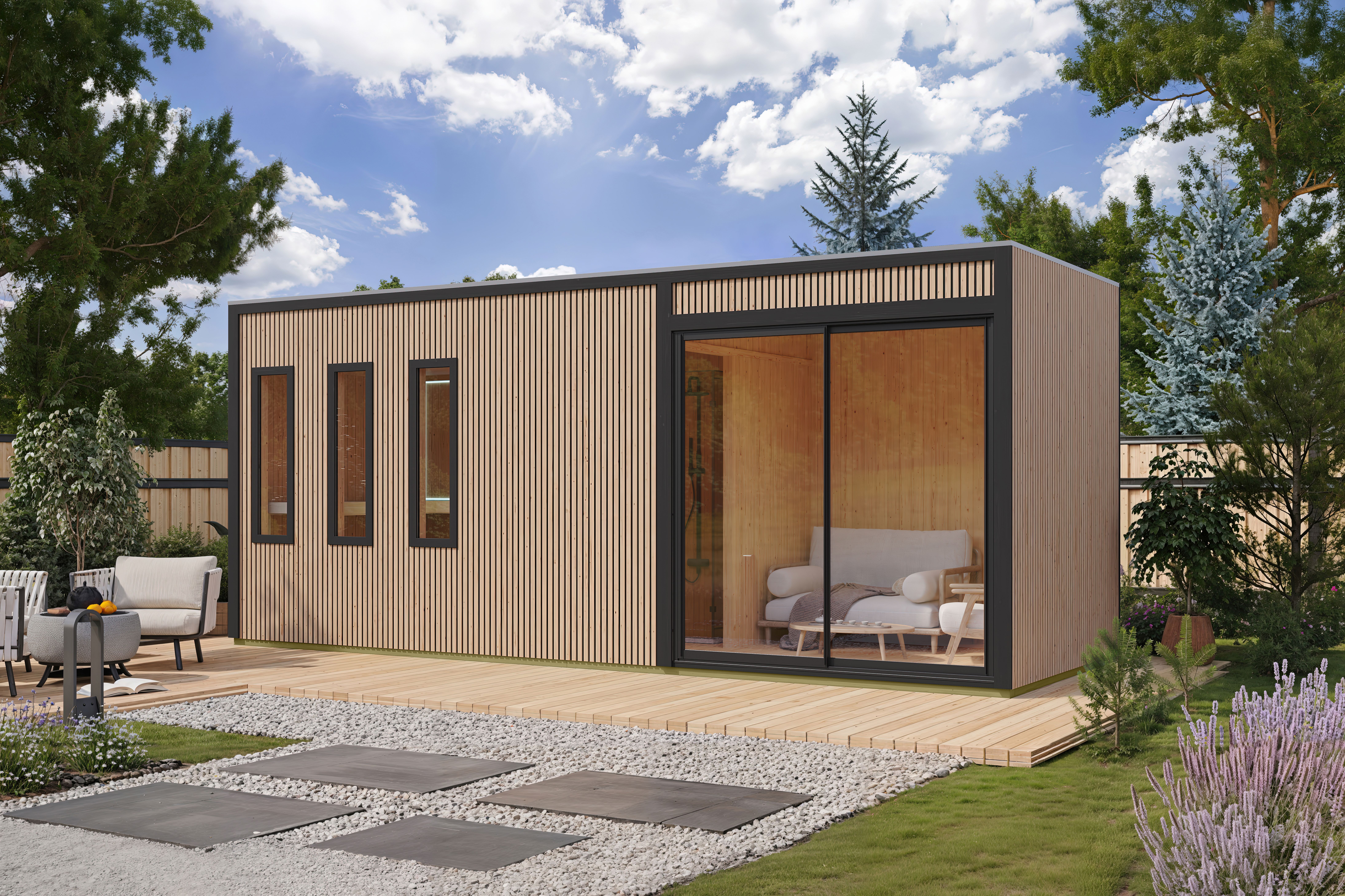 Karibu Design Saunahaus Monterey mit Douglasie-Lamellenprofil - 73 mm