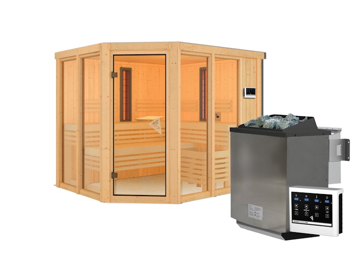 Karibu Multifunktions-Sauna Ava inkl. Infrarotstrahler mit Eckeinstieg 68 mm