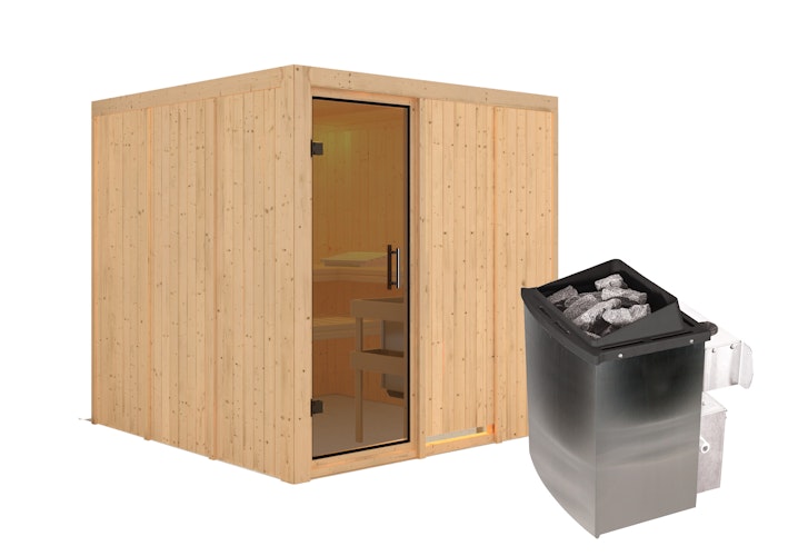 Karibu Sauna Rodin mit Fronteinstieg 68 mm inkl. gratis Saunaofen im Wert von 599,99 €
