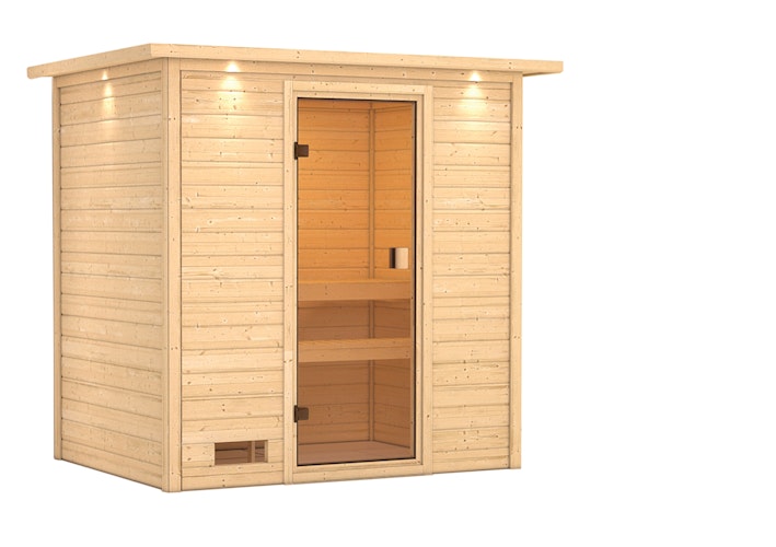 Karibu Woodfeeling Sauna Selena - 38 mm Massivholz Aktionssauna inkl. gratis Saunaofen im Wert von 599,99 €