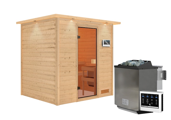 Karibu Woodfeeling Sauna Adelina - 38 mm Massivholz Aktionssauna inkl. gratis Saunaofen im Wert von 599,99 €
