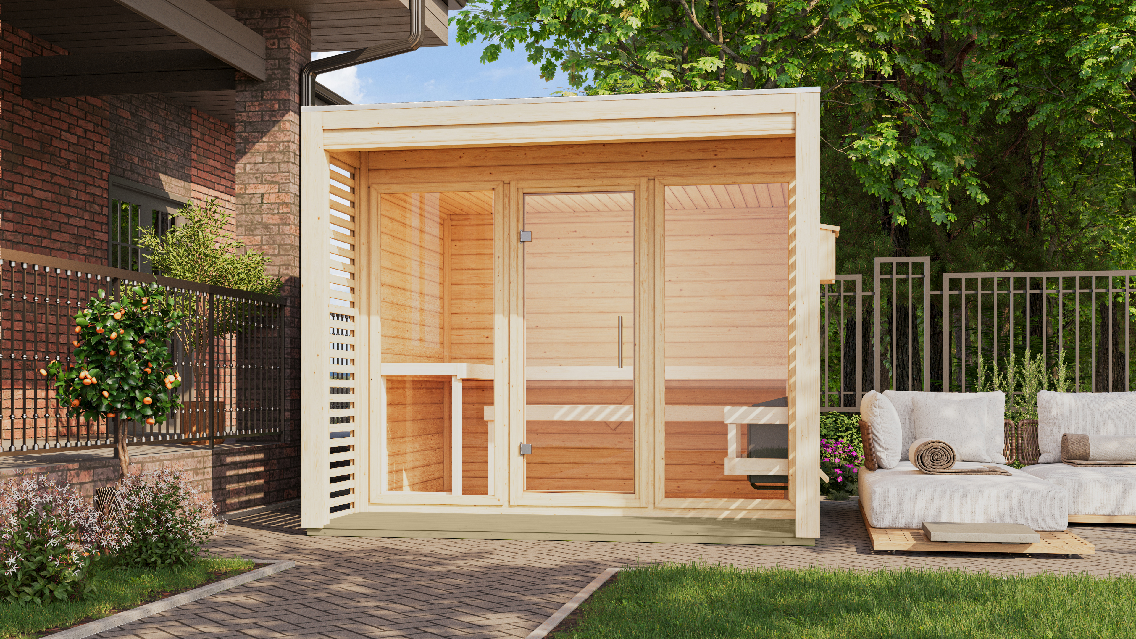 Karibu Gartensauna Saunahaus Angkor 3 inkl. gratis 9 kW Bio-Saunaofen im Wert von 879,99 €