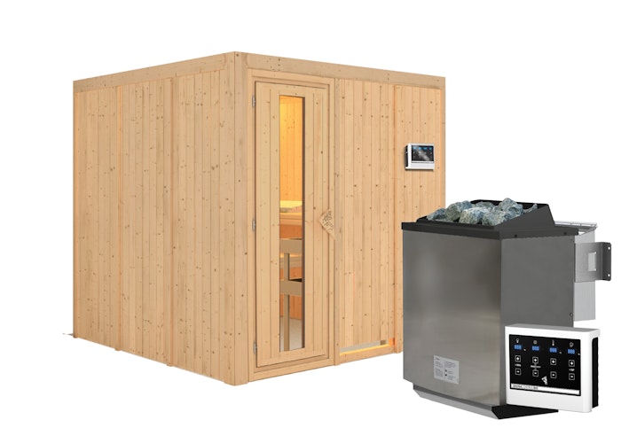 Karibu Sauna Rodin mit Fronteinstieg 68 mm inkl. gratis Saunaofen im Wert von 599,99 €