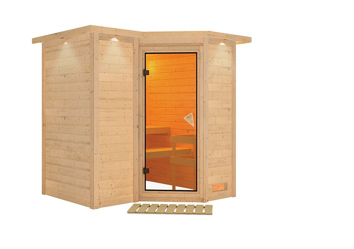 Karibu Sauna Sahib 1-Massivholzsauna 38 mm-Fronteinstieg -Exklusivoptik