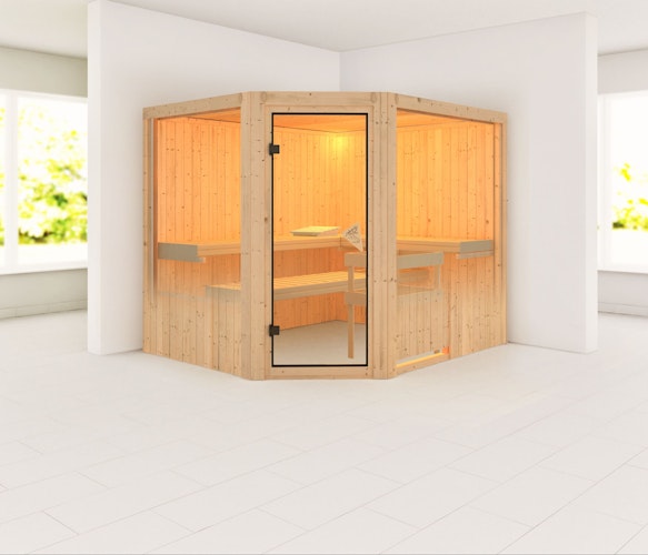 Karibu Sauna Malin mit Eckeinstieg 68 mm inkl. gratis Saunaofen im Wert von 599,99 €