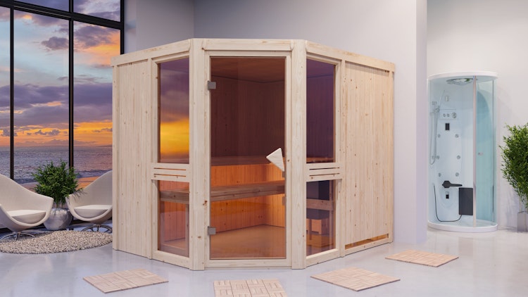 Karibu Amelia 3 - Sauna mit Eckeinstieg 68 mm inkl. gratis Saunaofen im Wert von 599,99 €