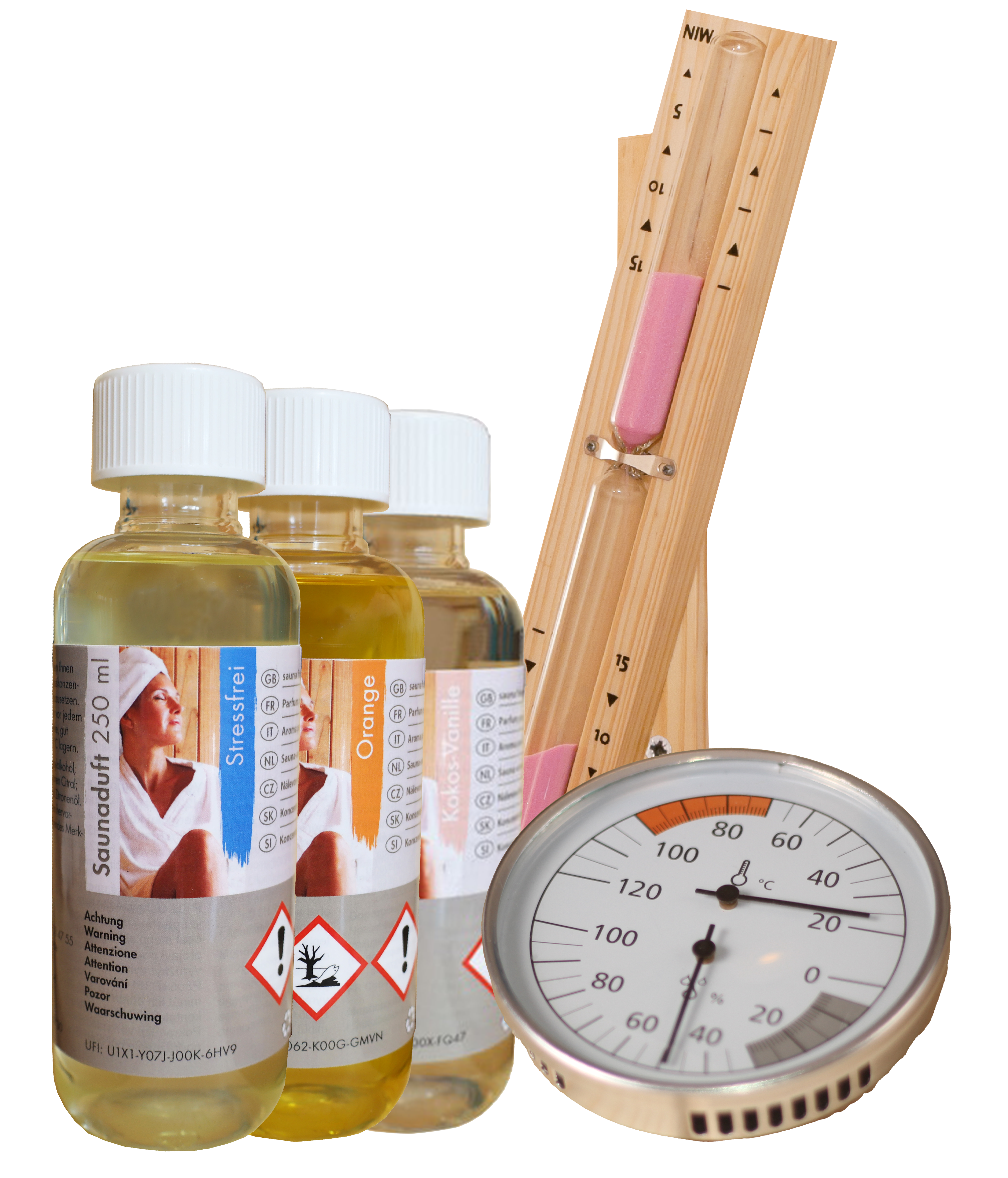 Karibu 5-teiliges Zubehör Aktionsset bestehend aus Sauna-Klimamessgerät, Sanduhr sowie ein Set von drei hochwertigen Saunaaufguss-Konzentraten 