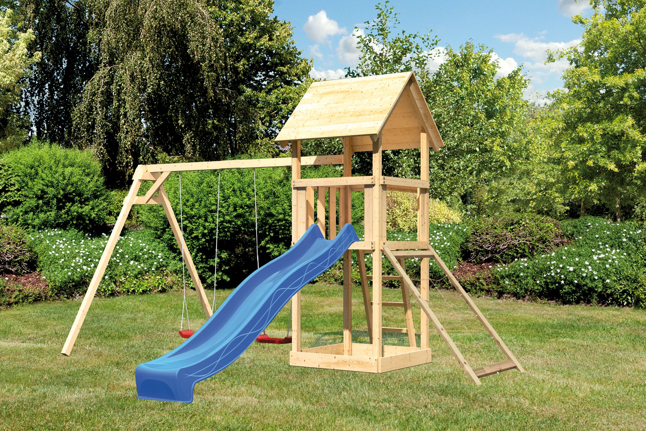 Akubi Kinderspielturm Lotti mit Satteldach inkl. Wellenrutsche, Doppelschaukelanbau und Netzrampe