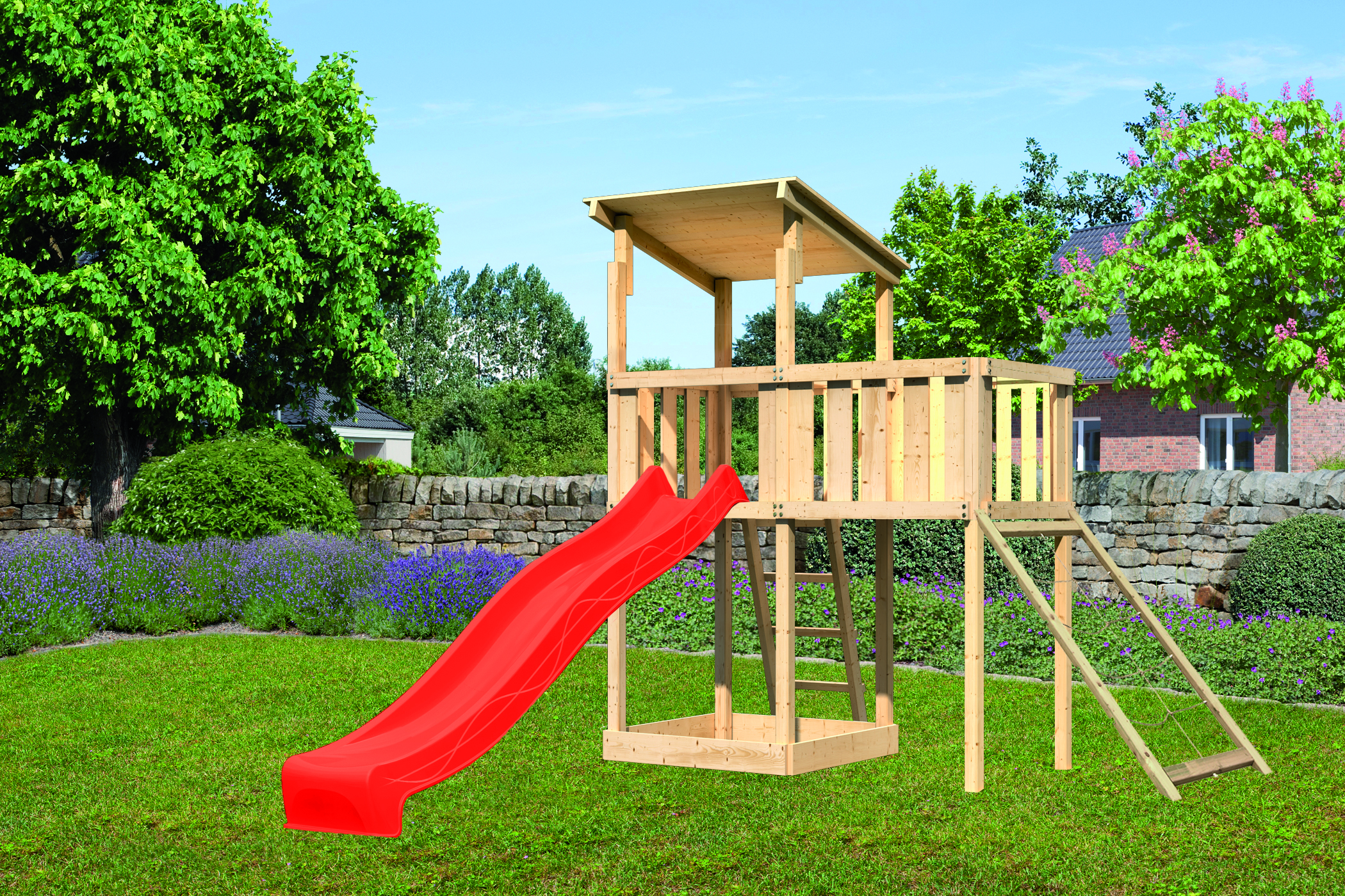 Akubi Kinderspielturm Anna mit Pultdach inkl. Anbauplattform, Wellenrutsche und Netzrampe