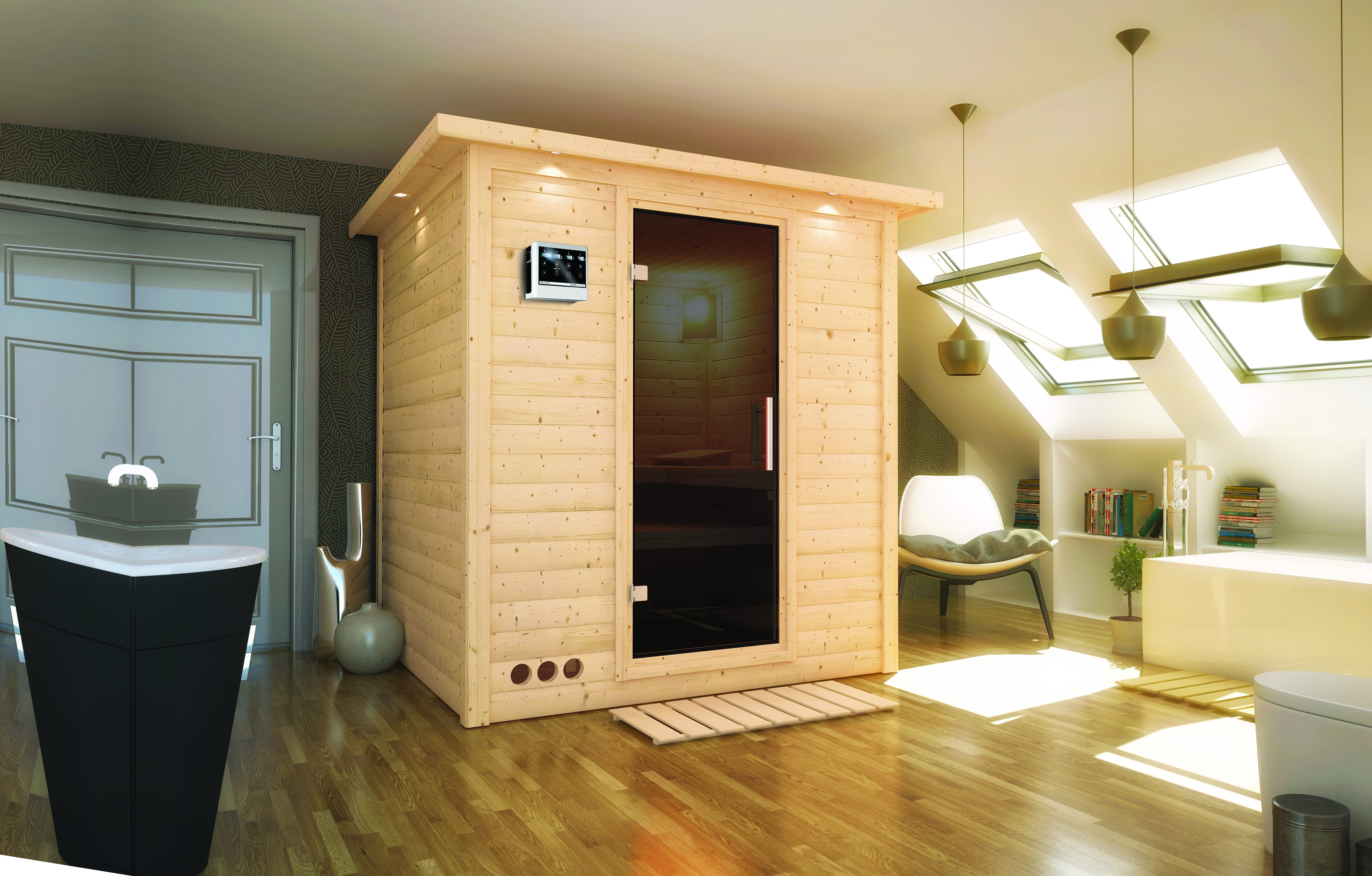 Karibu Sauna Mojave - Massivholzsauna mit Fronteinstieg 38 mm