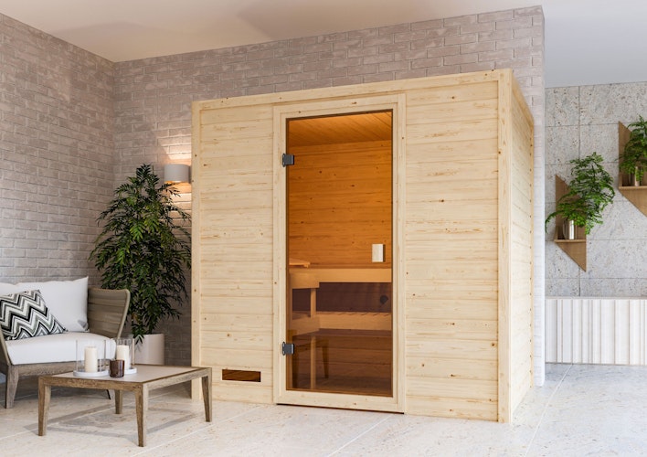 Karibu Woodfeeling Sauna Selena - 38 mm Massivholz Aktionssauna inkl. gratis Saunaofen im Wert von 599,99 €