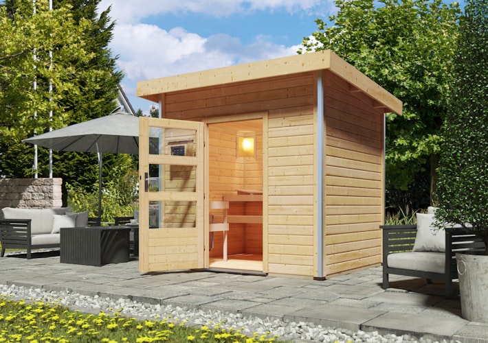 Karibu Gartensauna Pultdach Saunahaus Norge naturbelassen inkl. gratis Saunaofen im Wert von 599,99 €