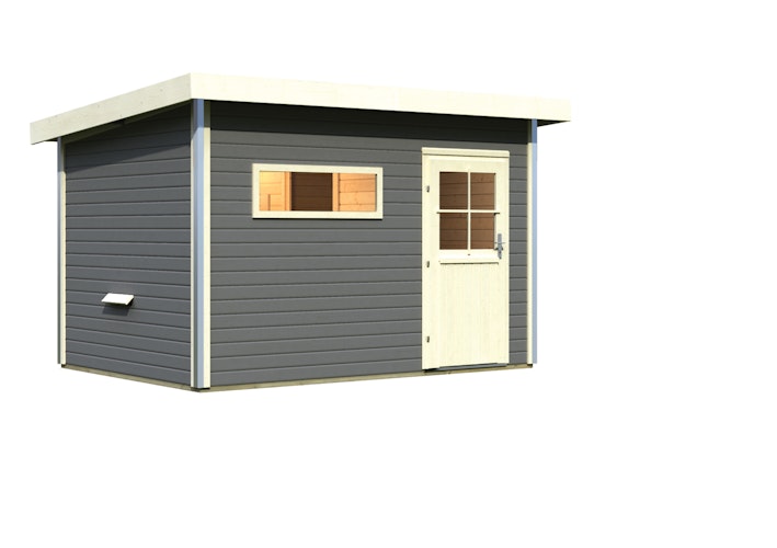 Karibu Saunahaus Skrollan 2 mit Vorraum terragrau inkl. gratis Saunaofen im Wert von 599,99 €
