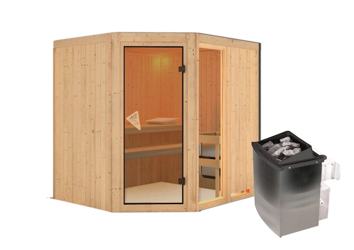 Karibu Sauna Fiona 2 mit Eckeinstieg 68 mm inkl. gratis Saunaofen im Wert von 599,99 €