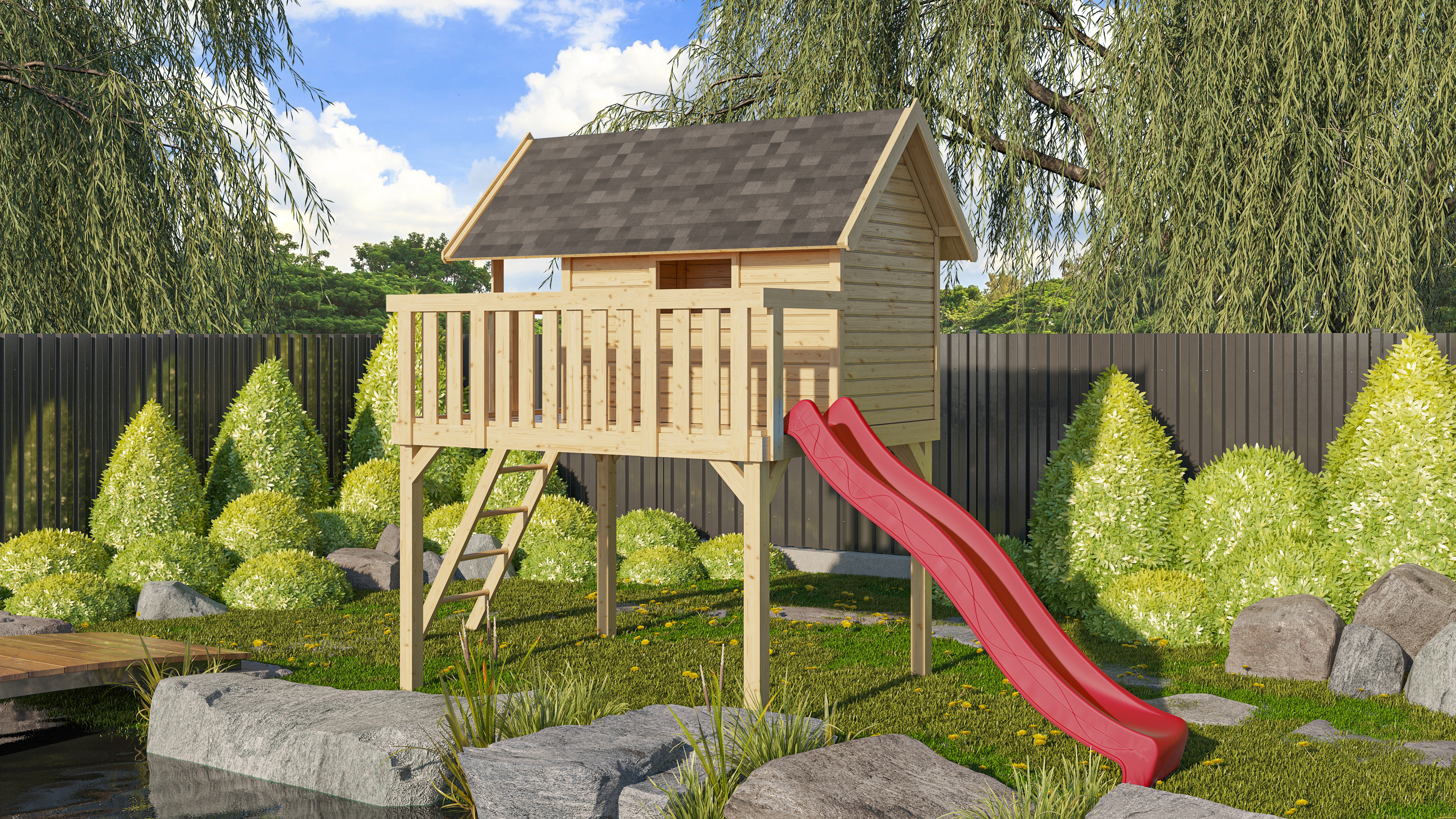 Akubi Stelzenhaus Fidel mit Satteldach inkl. Wellenrutsche