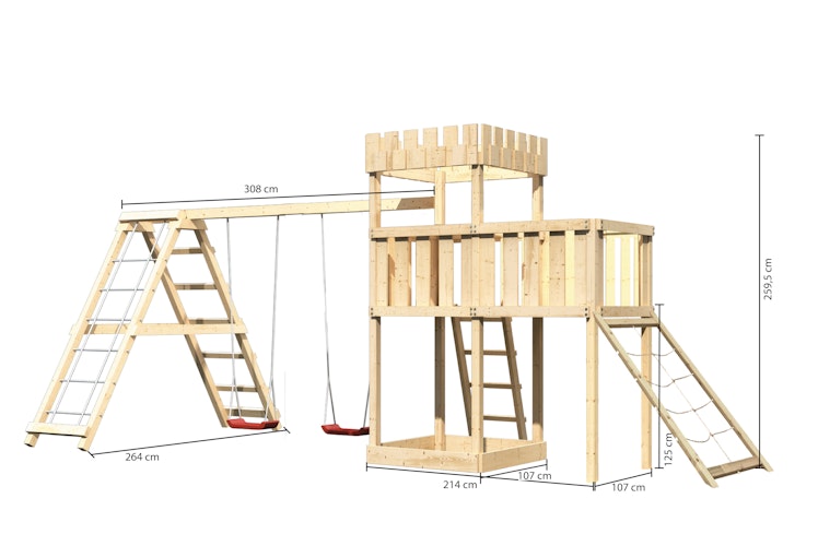 Akubi Kinderspielturm Ritterburg Löwenherz inkl. Doppelschaukelanbau, Klettergerüst, Anbauplattform und Netzrampe