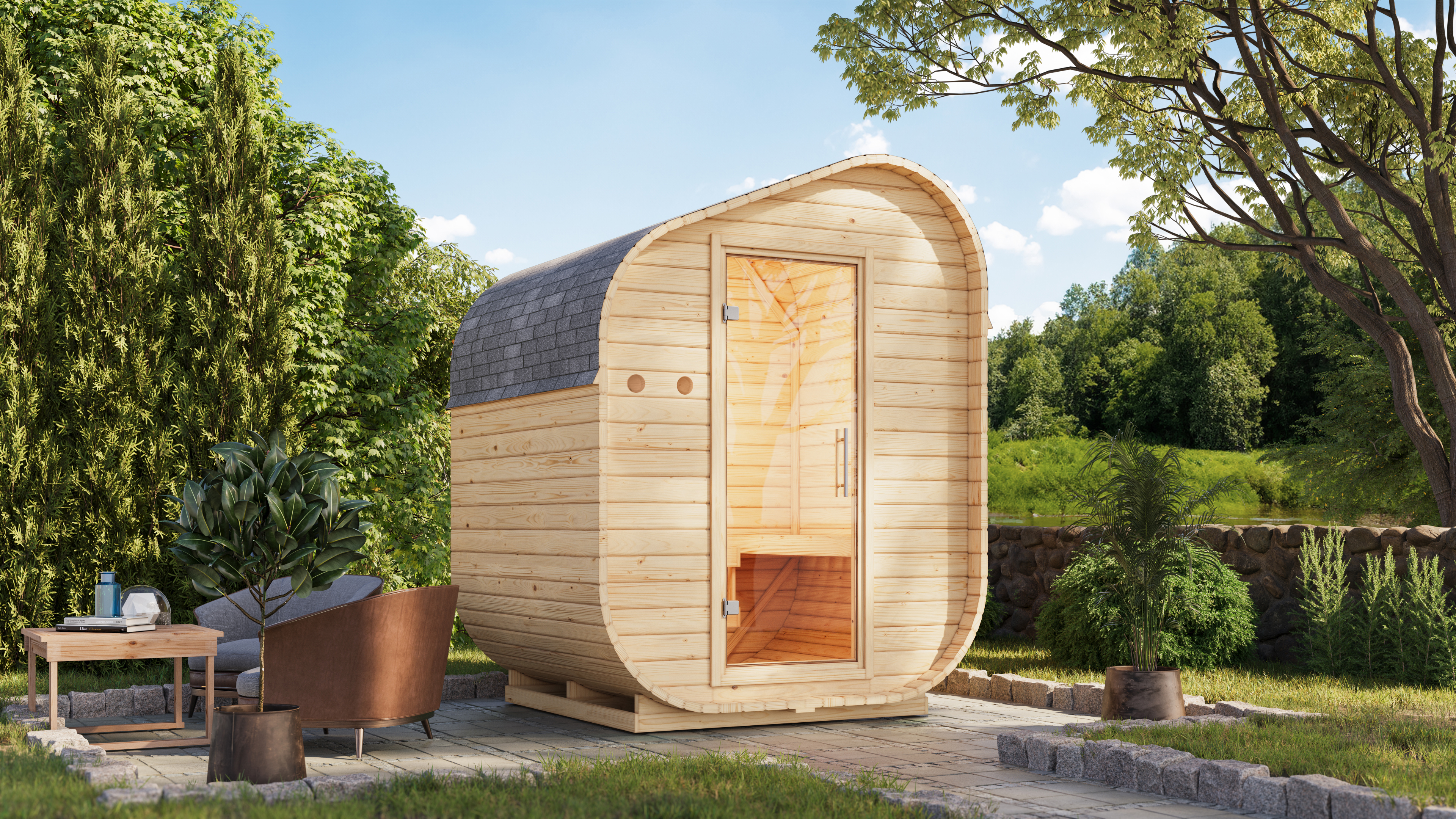 Karibu Saunahaus Fasssauna Asymmetrisch 1 - 38 mm inkl. 9-teiligem Gratis-Zubehörpaket im Wert von 137,95 €