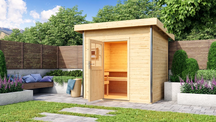 Karibu Gartensauna Pultdach Saunahaus Norge naturbelassen inkl. gratis Saunaofen im Wert von 599,99 €