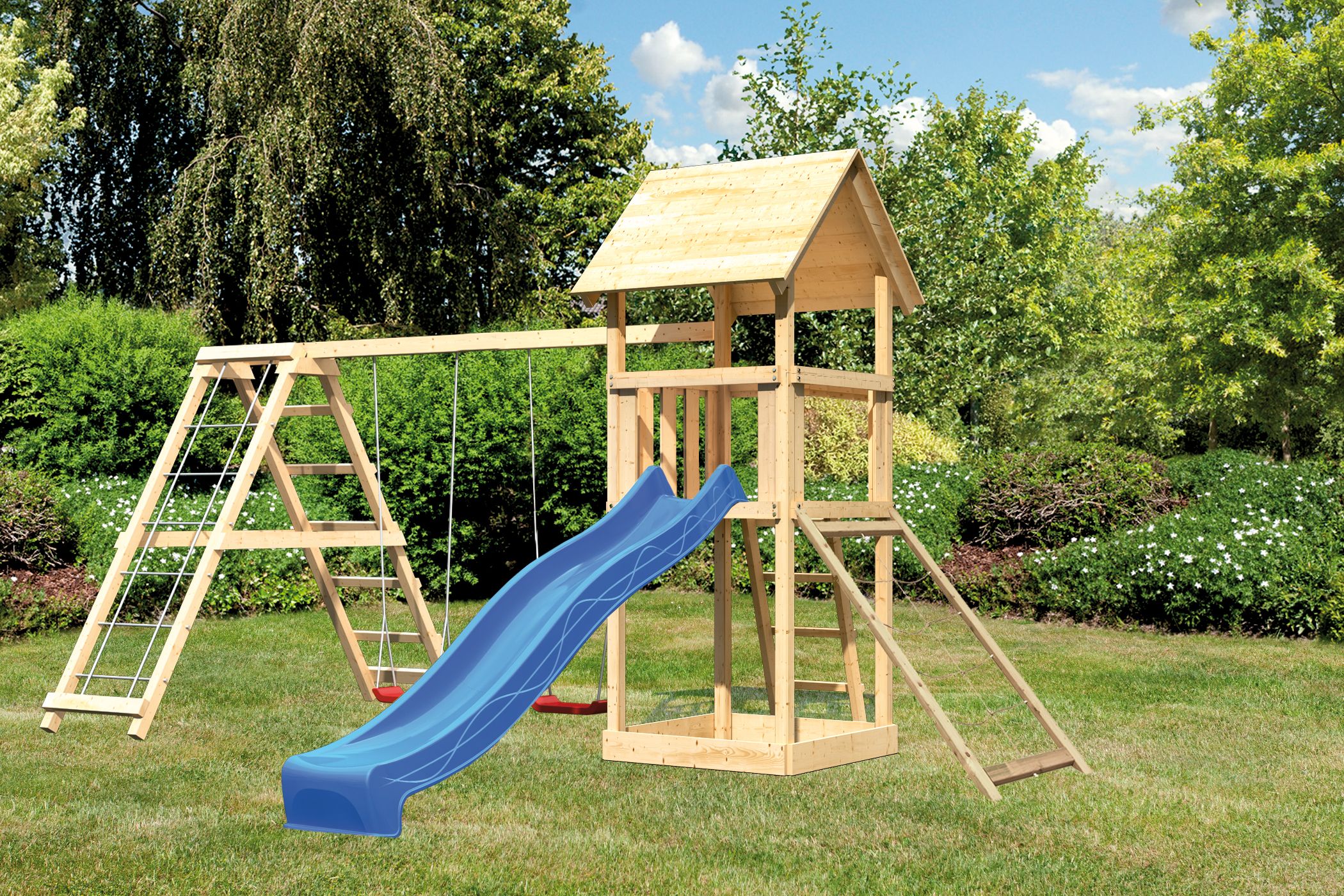 Akubi Kinderspielturm Lotti mit Satteldach inkl. Wellenrutsche, Doppelschaukelanbau, Klettergerüst und Netzrampe inkl. gratis Akubi Farbsystem