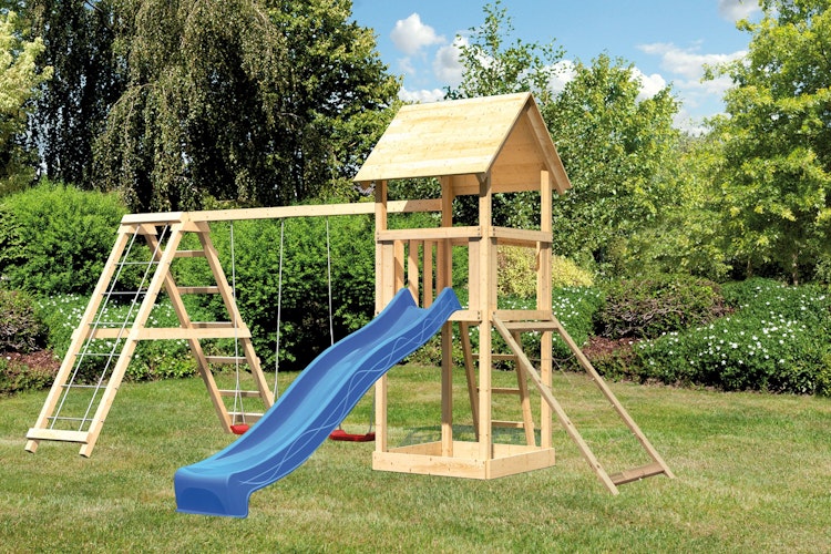 Akubi Kinderspielturm Lotti mit Satteldach inkl. Wellenrutsche, Doppelschaukelanbau, Klettergerüst und Netzrampe