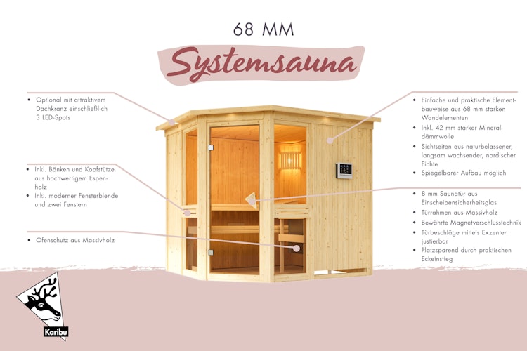 Karibu Amelia 2 - Sauna mit Eckeinstieg 68 mm inkl. gratis Saunaofen im Wert von 599,99 €