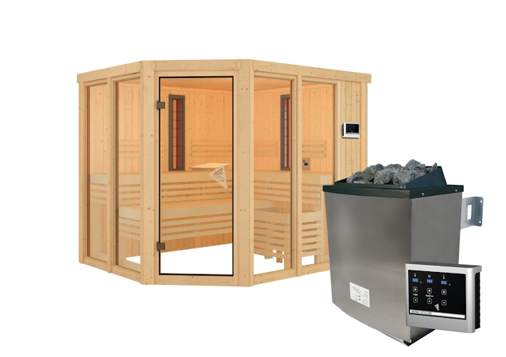 Karibu Multifunktions-Sauna Ava inkl. Infrarotstrahler mit Eckeinstieg 68 mm