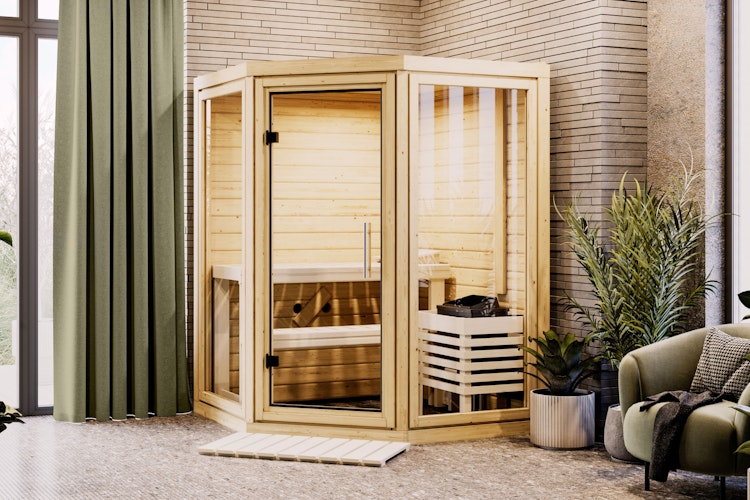 Karibu Sauna Yuma - Massivholzsauna mit Eckeinstieg 38 mm inkl. gratis Saunaofen im Wert von 599,99 €