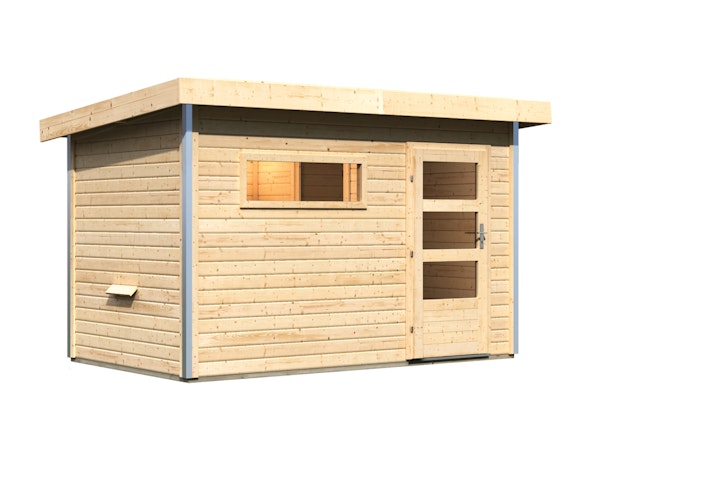 Karibu Gartensauna Pultdach Saunahaus Skrollan 1 mit Vorraum naturbelassen