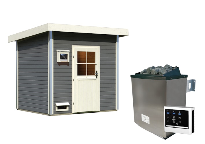 Karibu Gartensauna Pultdach Saunahaus Norge terragrau inkl. gratis Saunaofen im Wert von 599,99 €